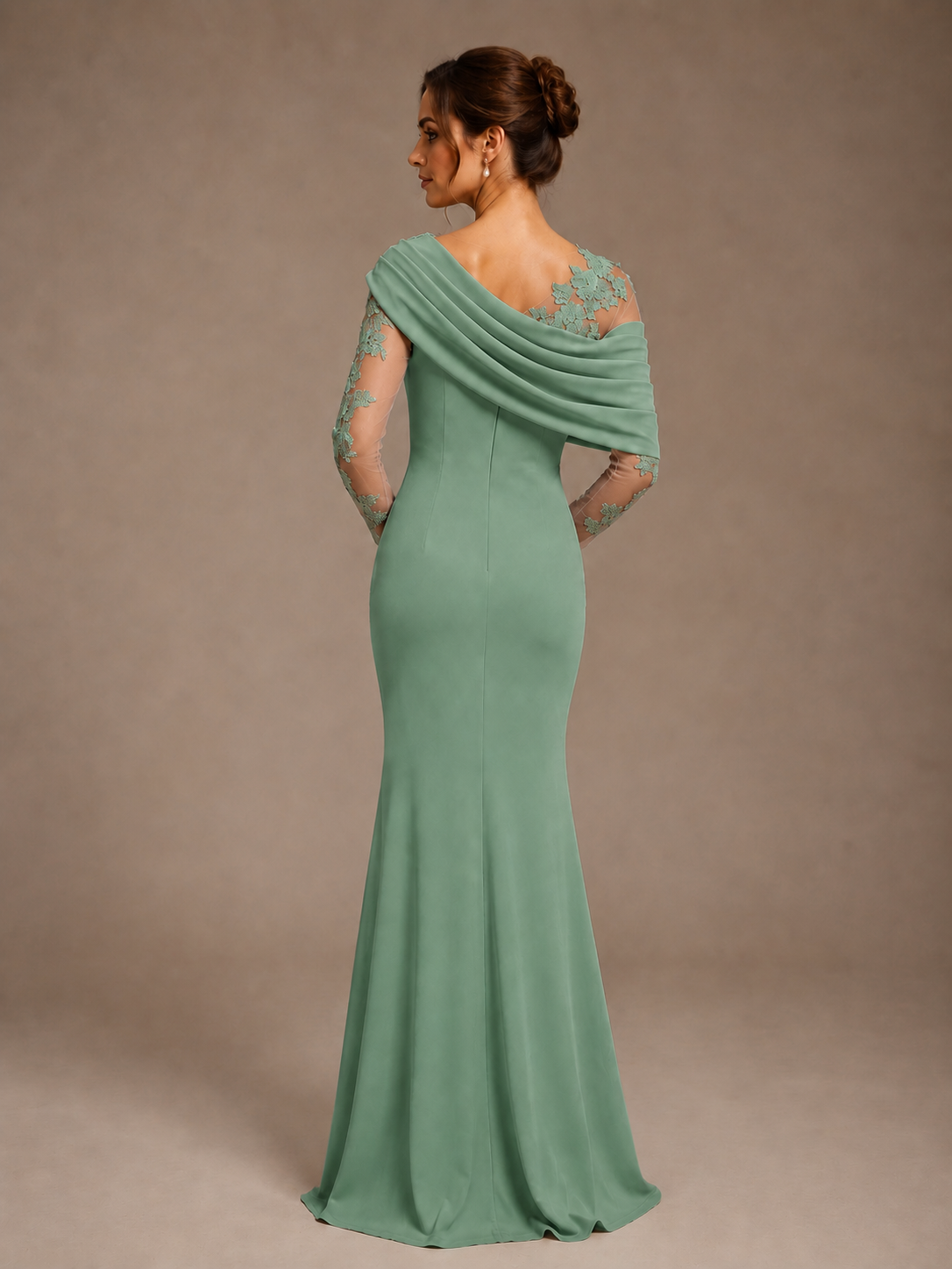 Dusty Rose Illusion Long Sleeve Chiffon Applique Mother of The Bride Dress