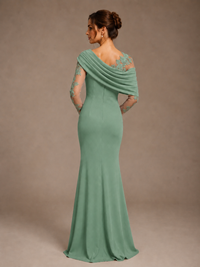 Dusty Rose Illusion Long Sleeve Chiffon Applique Mother of The Bride Dress