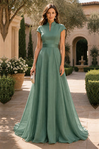 V Neck Cap Sleeve A-Line Floor-Length Satin Bridesmaid Dress