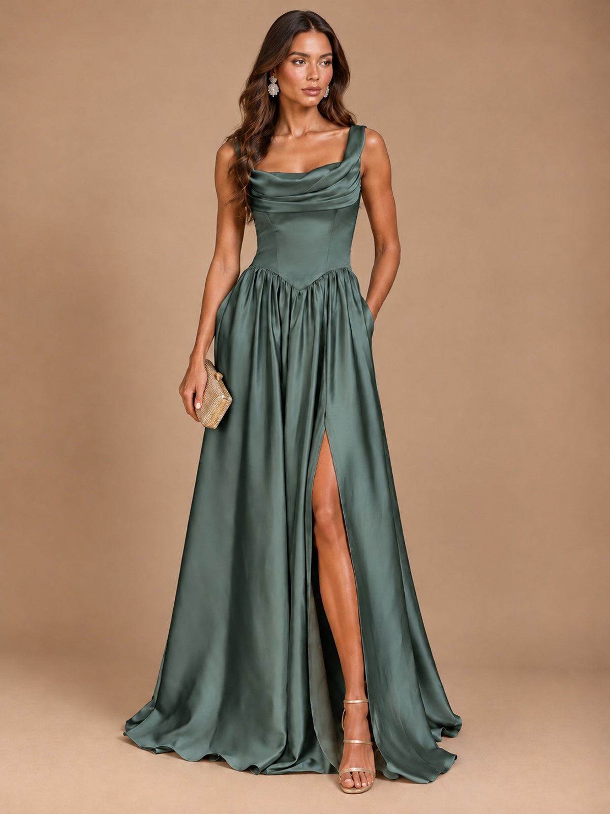 Cowl Neck Pleated Satin Prom Dress with Pockets & Slit Maxi Formal Gowns