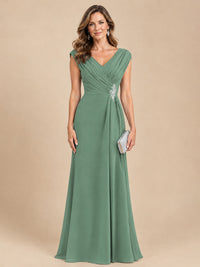 V Neck Pleated Mother of The Bride Dresses with Beading Cap Sleeves
