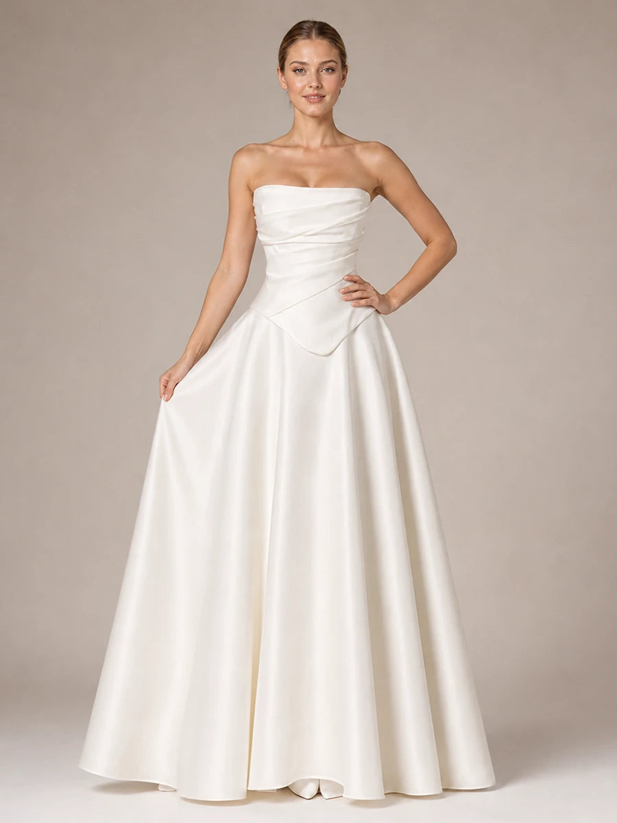 Front view of the Evangeline white satin wedding dress with draped corset bodice and full ball gown skirt