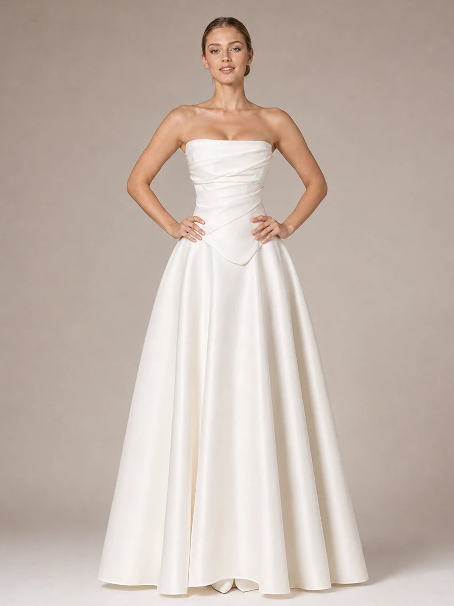 Jovellee Evangeline white strapless satin corset ball gown wedding dress, full front view