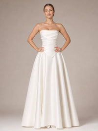 Jovellee Evangeline white strapless satin corset ball gown wedding dress, full front view