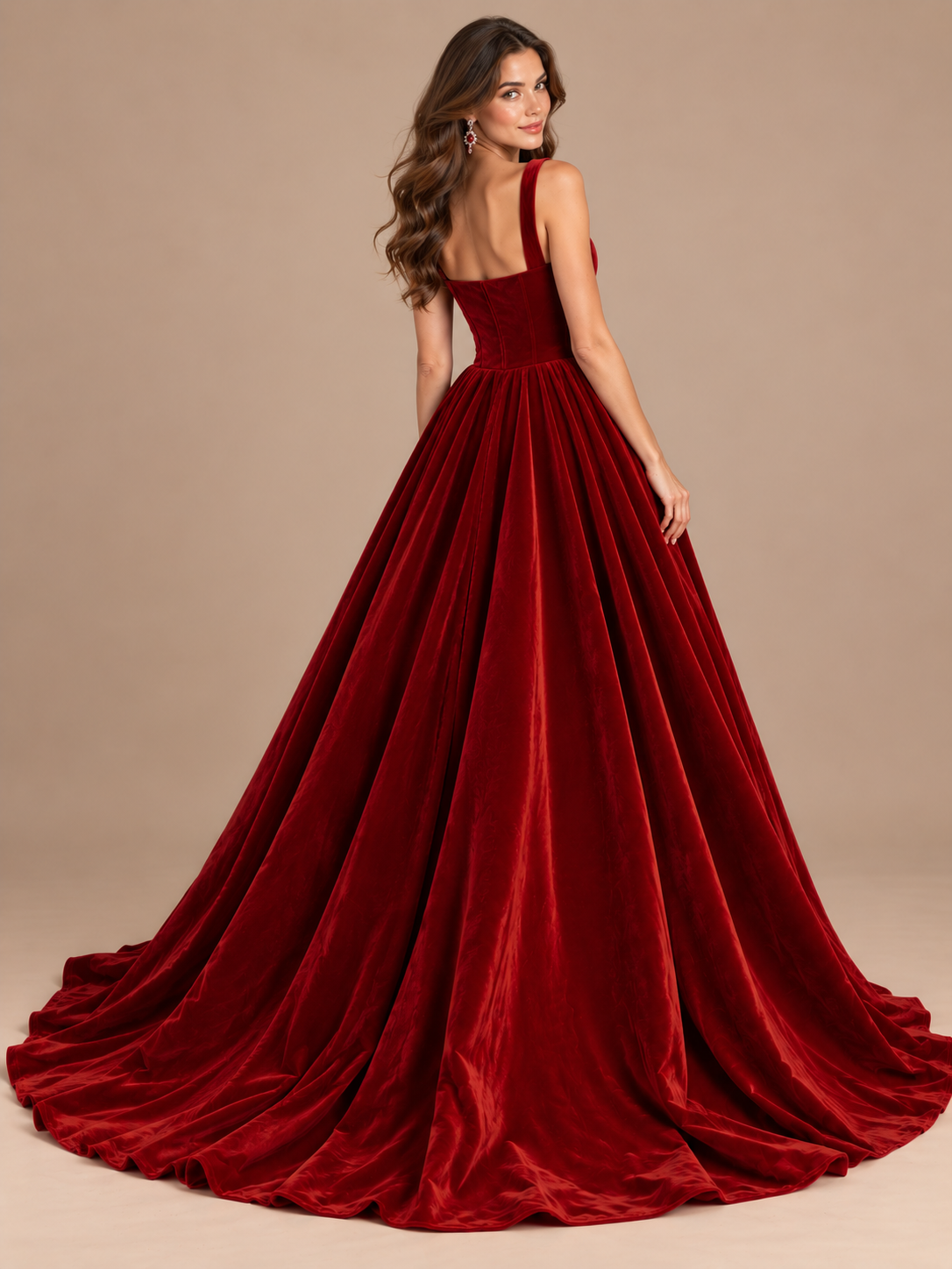 Fitted seamed bodice and defined waist on a burgundy velvet A-line prom gown by Jovellee