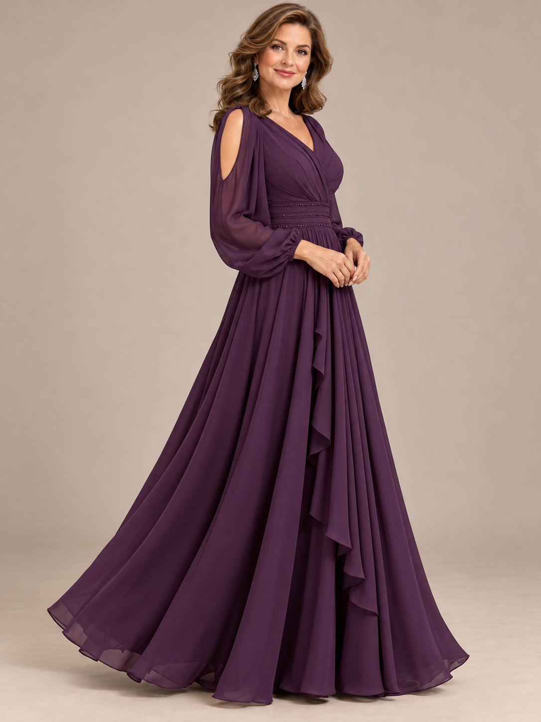 Floor-length A-line plum evening gown with cascading draped front panel