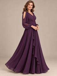 Floor-length A-line plum evening gown with cascading draped front panel