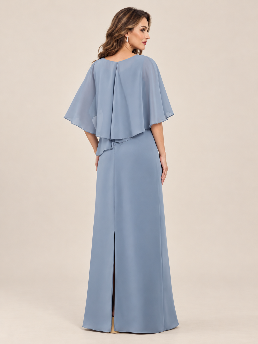 Floor-length column skirt on elegant dusty blue mother of the bride gown
