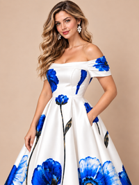 Floor length blue floral print ball gown skirt