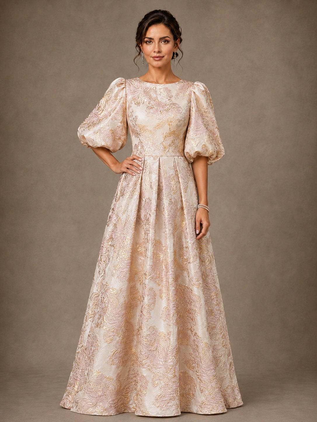 Blush floral jacquard mother of the bride gown with statement puff sleeves