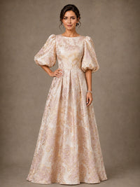 Blush floral jacquard mother of the bride gown with statement puff sleeves