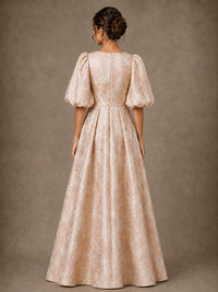 Floral Jacquard Mother of the Bride Gown with Puff Sleeves