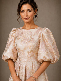 Floral Jacquard Mother of the Bride Gown with Puff Sleeves