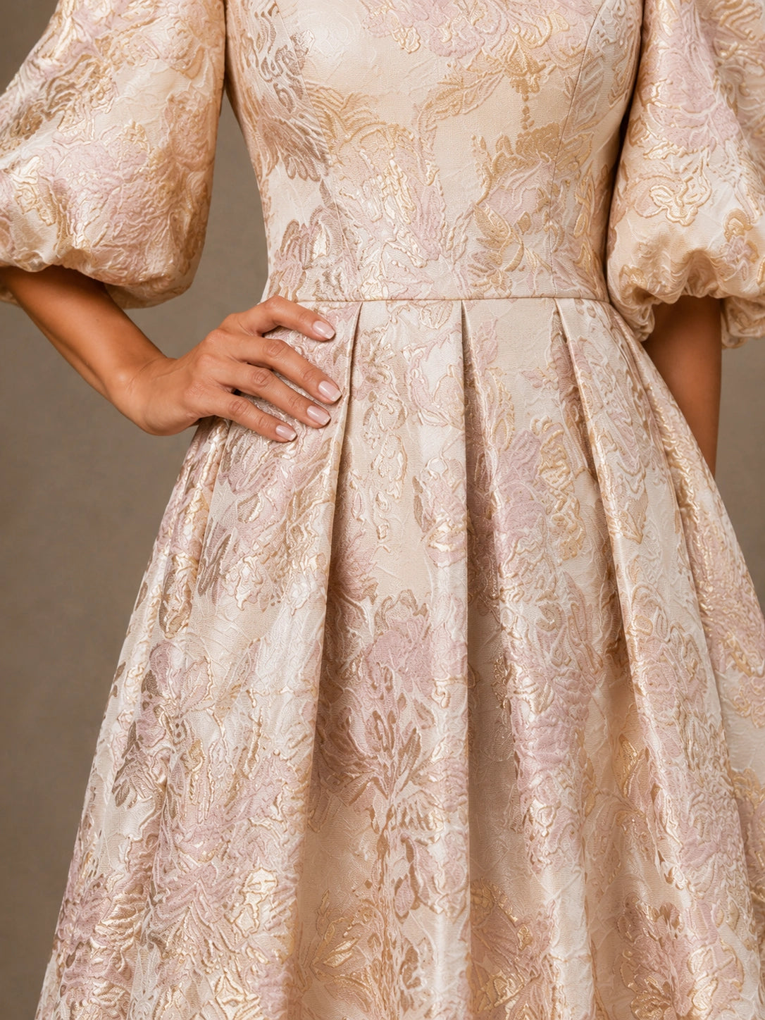 Floral Jacquard Mother of the Bride Gown with Puff Sleeves