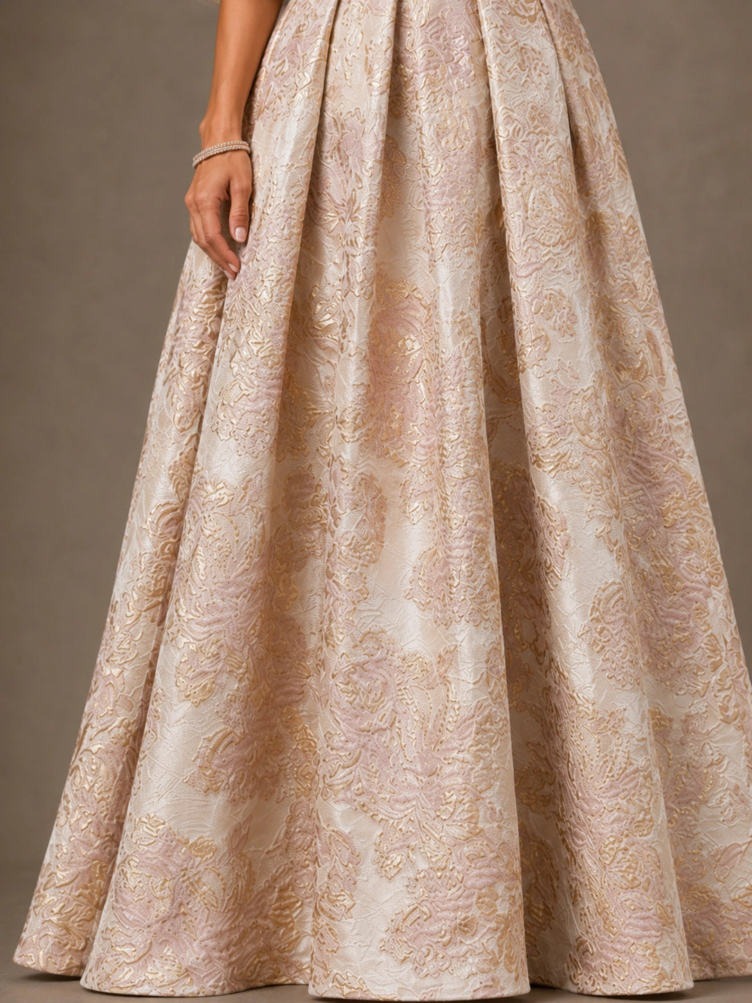 Floral Jacquard Mother of the Bride Gown with Puff Sleeves