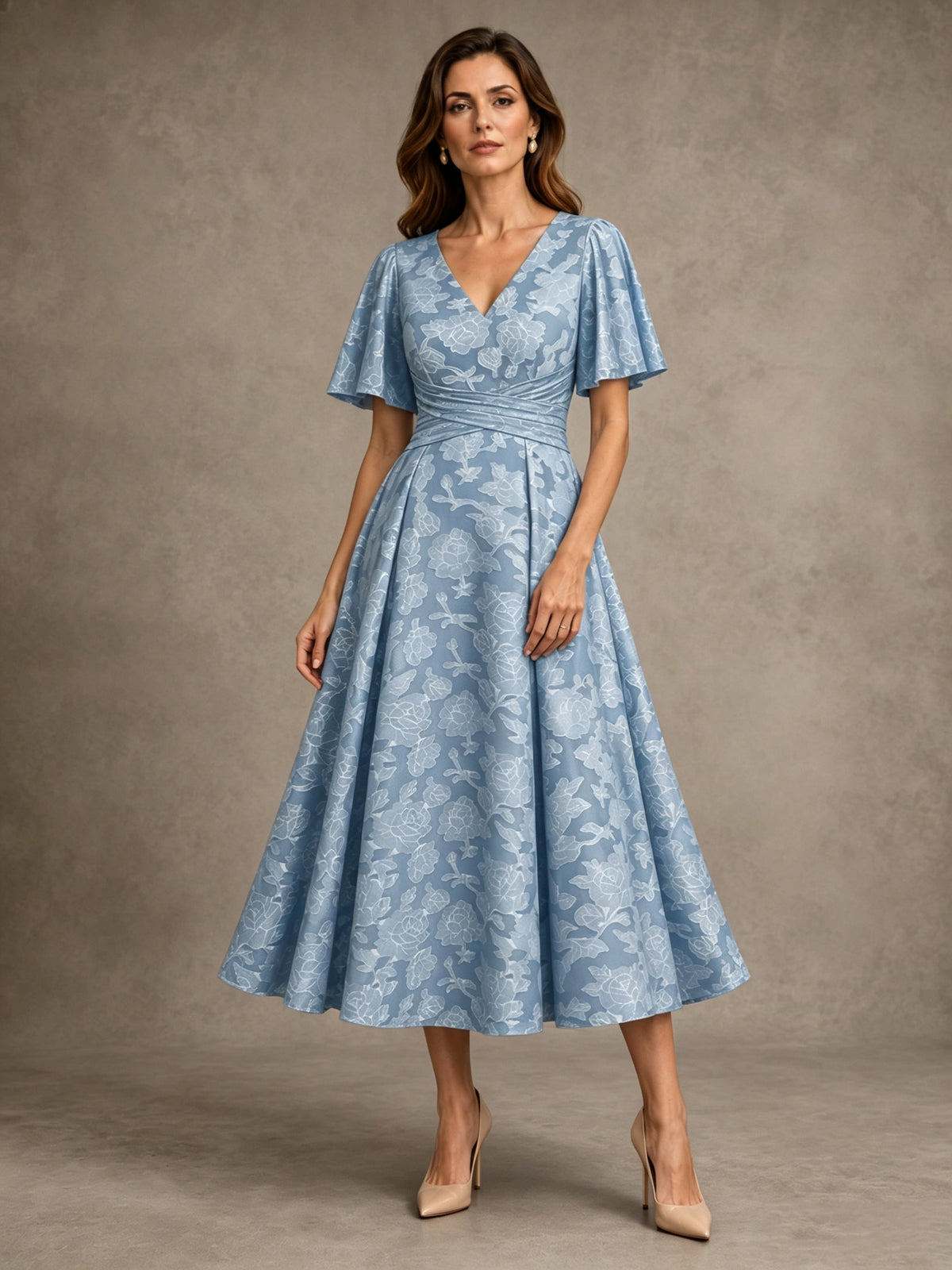 V-Neck Floral Jacquard Tea-Length Mother of the Bride Dress
