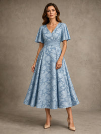 V-Neck Floral Jacquard Tea-Length Mother of the Bride Dress