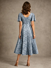 V-Neck Floral Jacquard Tea-Length Mother of the Bride Dress
