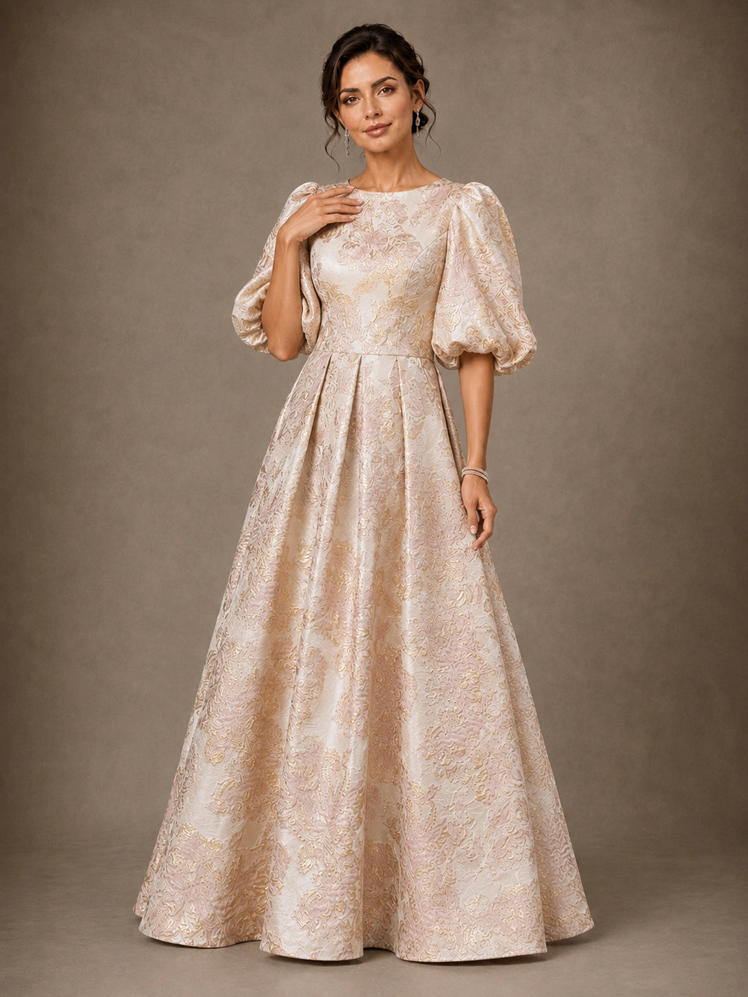 Jovellee jacquard mother of the bride dress with fitted waist and A-line skirt
