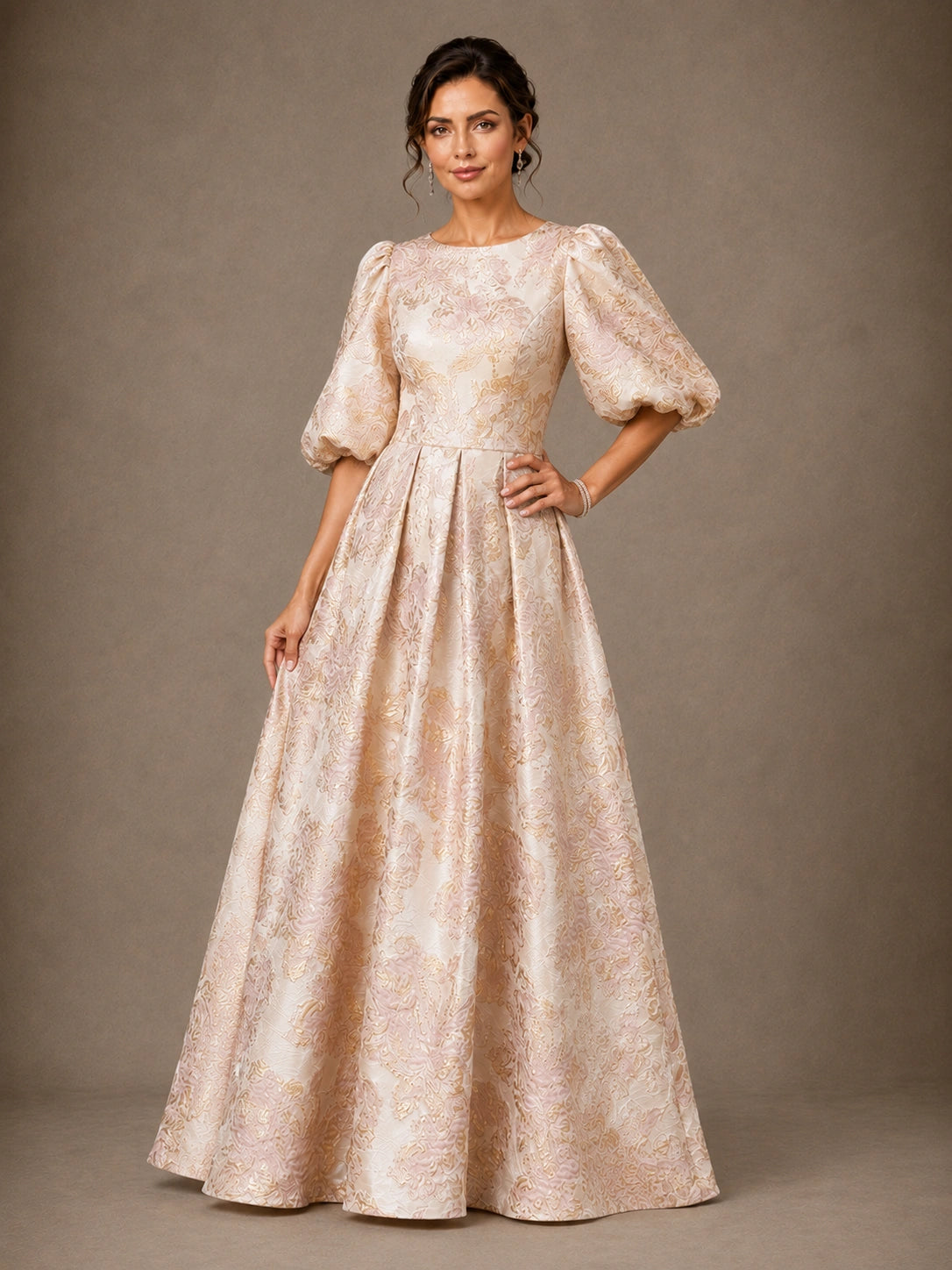 Floor-length floral jacquard formal gown with elbow-length puff sleeves