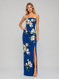 Royal Blue Floral Jacquard Strapless Maxi Dress with Side Slit