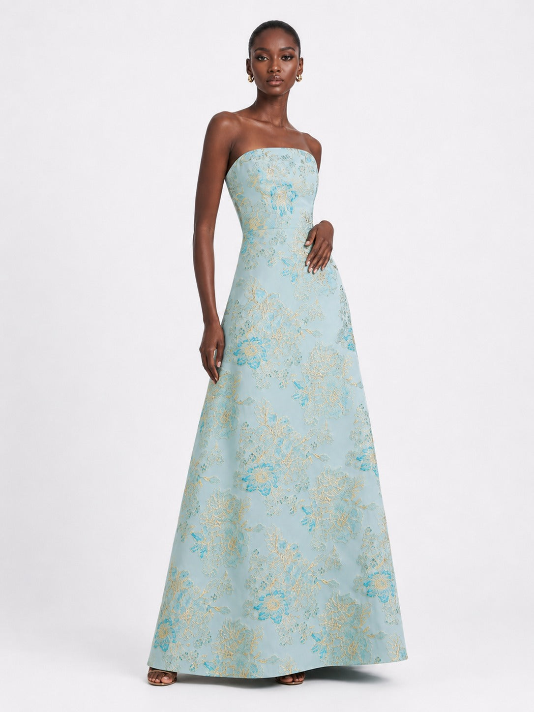 Light Blue Floral Jacquard Strapless A-Line Maxi Dress