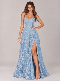 Floral lace A-line prom dress with spaghetti straps, fitted bodice and high thigh slit - Jovellee