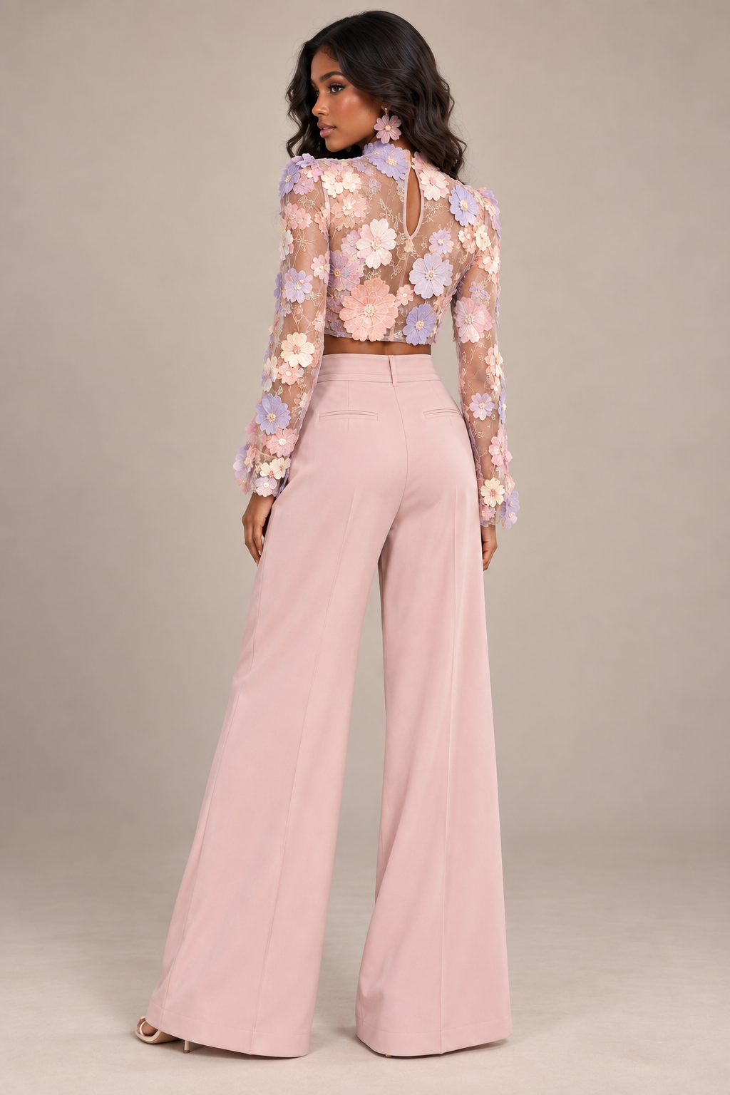High waisted blush pink wide leg pants with pleats