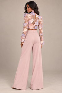 High waisted blush pink wide leg pants with pleats