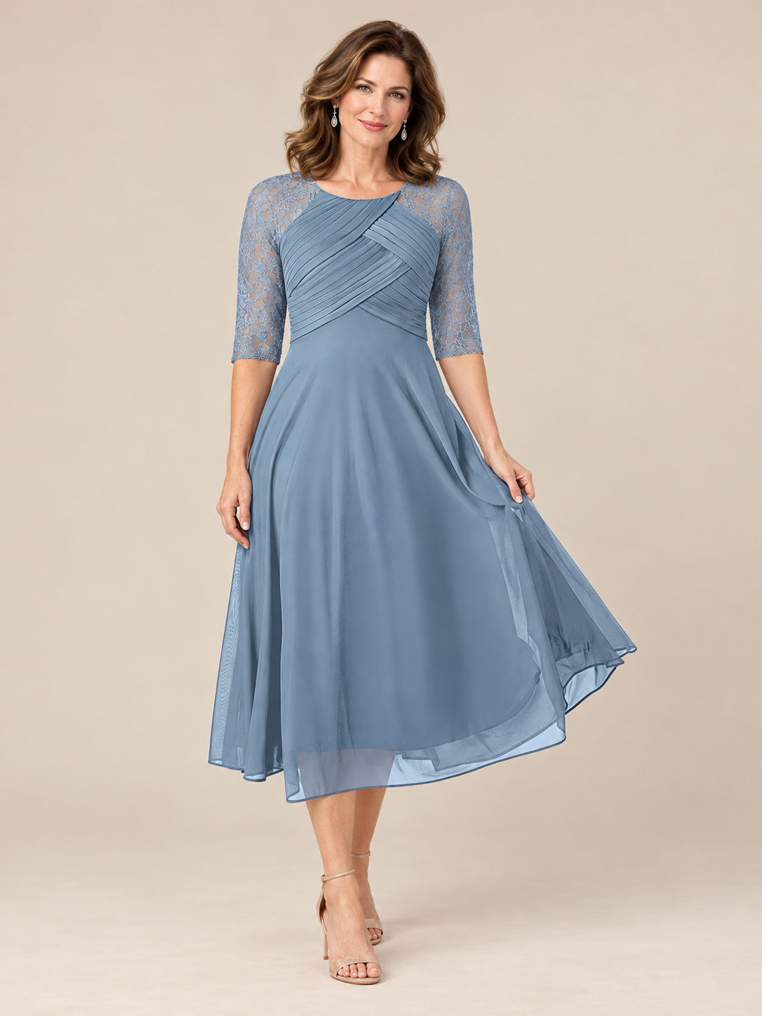 Flowing A-line tea-length skirt of dusty blue wedding guest dress