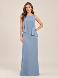 Flowing cape-style sleeves on dusty blue mother of the bride dress