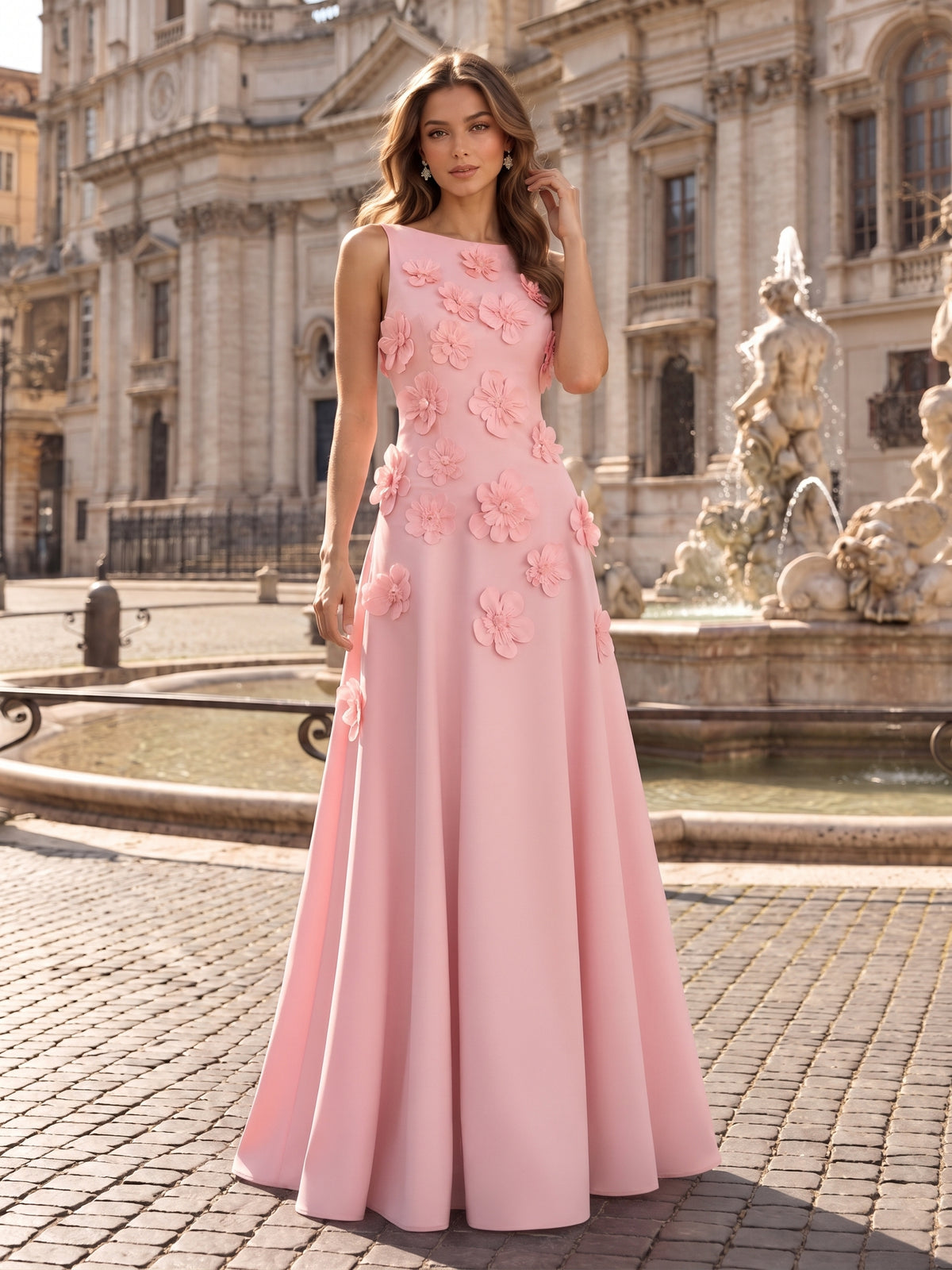 3D Floral Applique Sleeveless Formal Maxi Dress