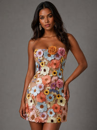 Front view of Jovellee 3D floral strapless mini dress
