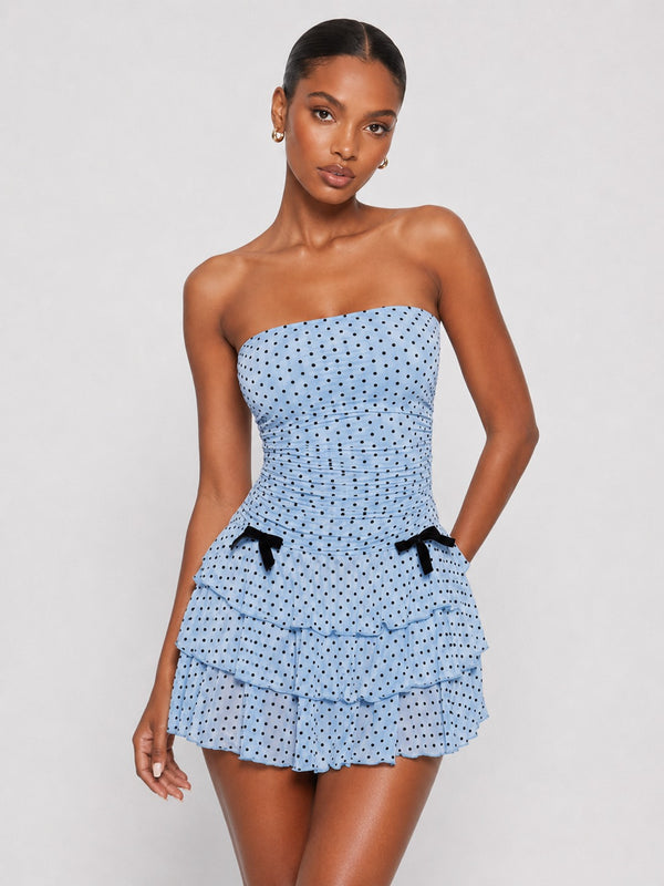 Front view of Jovellee blue polka dot strapless mini dress
