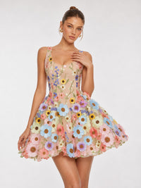 Front view of Jovellee multicolor 3D floral mini dress