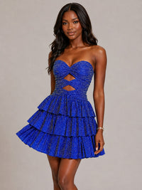 Front view of Jovellee royal blue sequin strapless mini dress with cut out bodice
