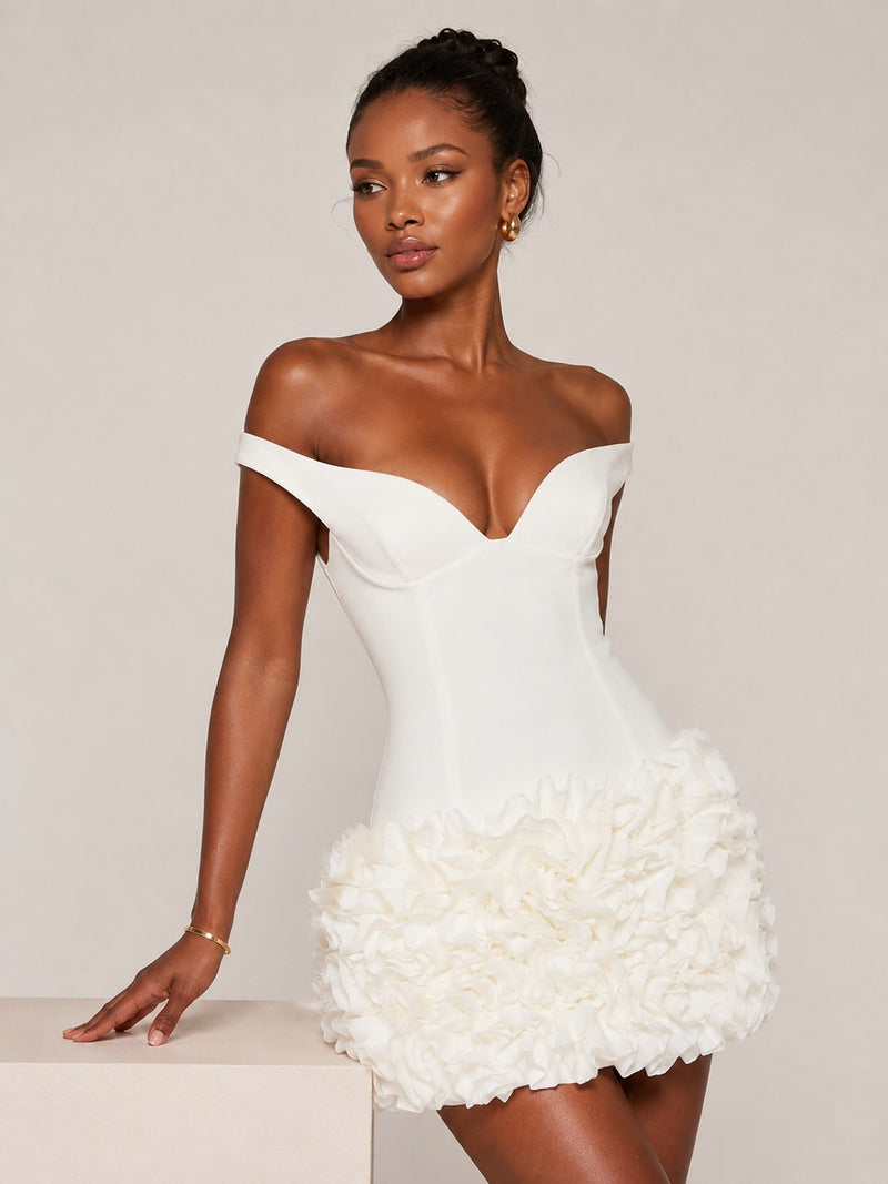 Jovellee ivory off-shoulder 3D rosette mini dress
