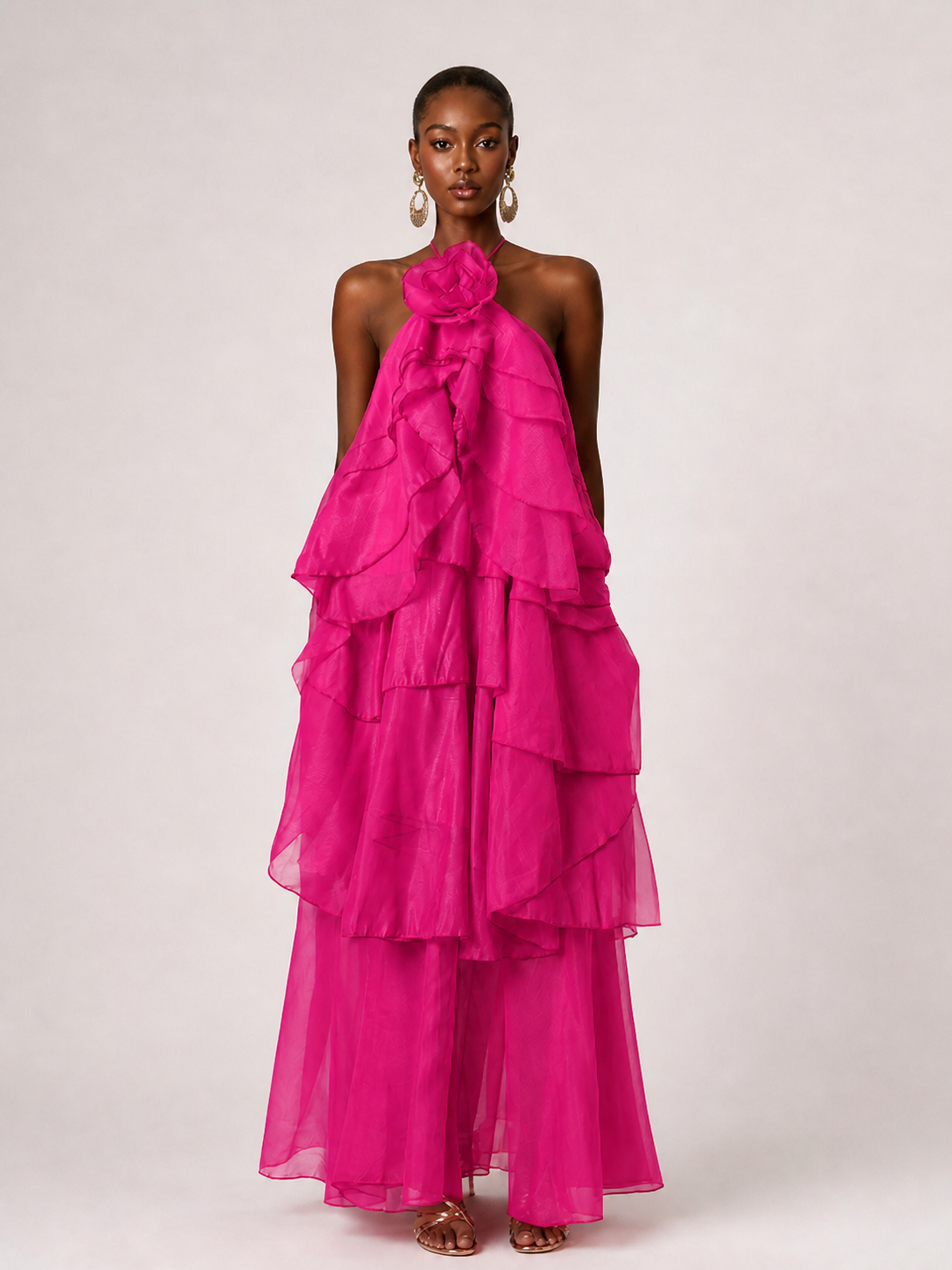 Orange Chiffon Halter Ruffle Maxi Dress with 3D Flower