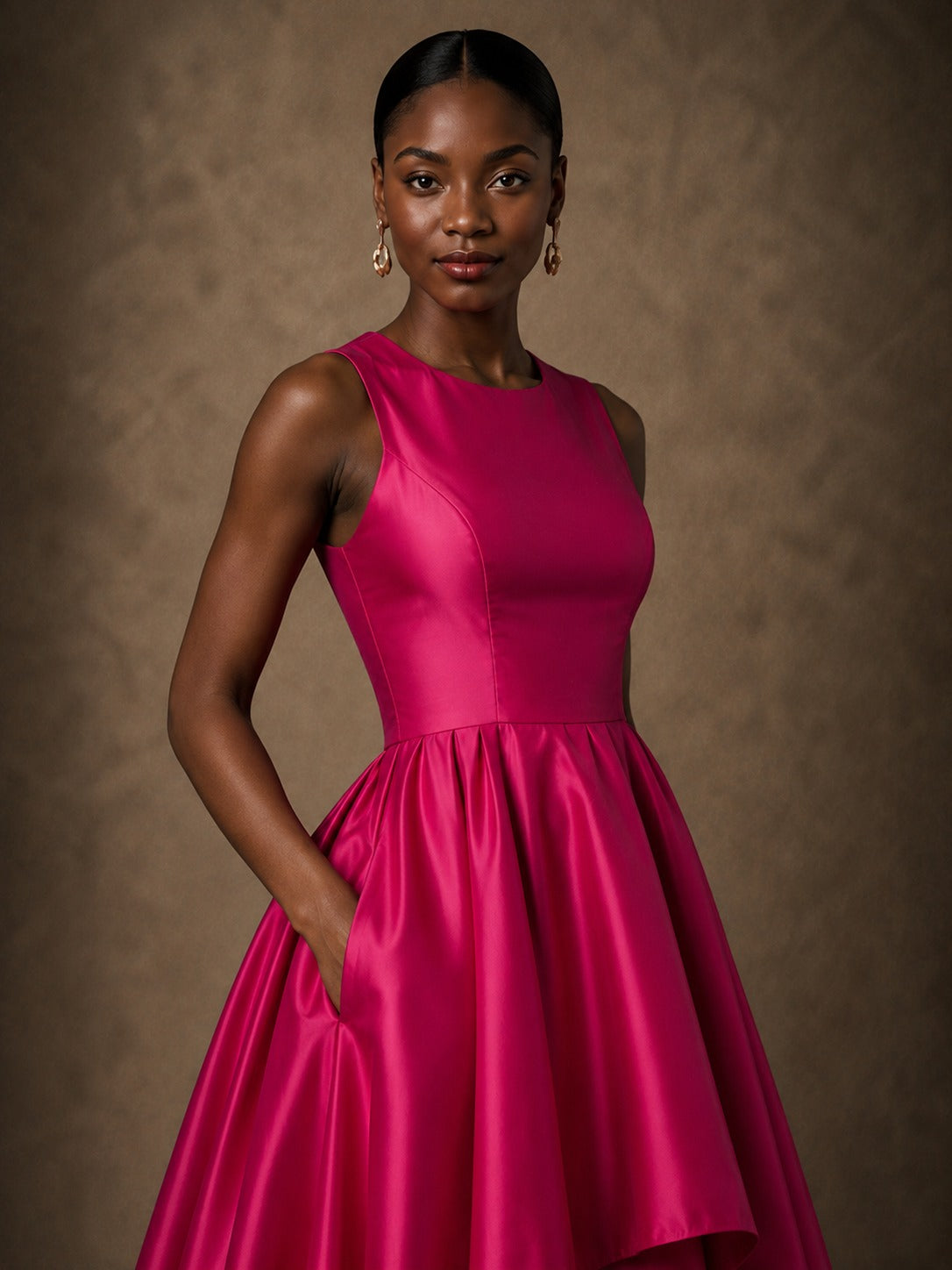 Hot Pink Satin Layered High-Low Ball Gown with Pockets