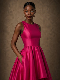 Hot Pink Satin Layered High-Low Ball Gown with Pockets