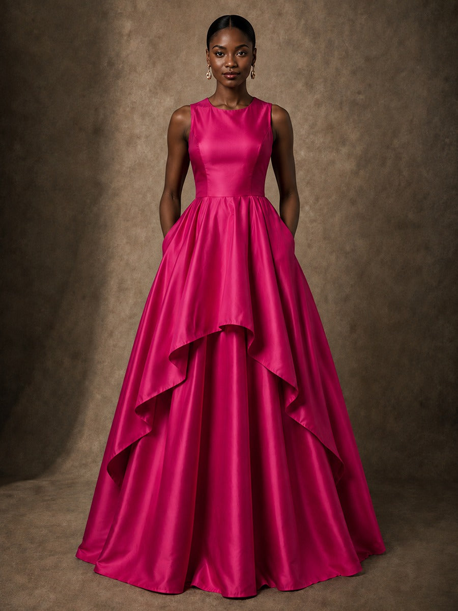 Hot Pink Satin Layered High-Low Ball Gown with Pockets