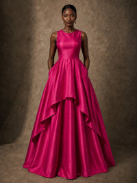 Hot Pink Satin Layered High-Low Ball Gown with Pockets