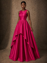 Hot Pink Satin Layered High-Low Ball Gown with Pockets