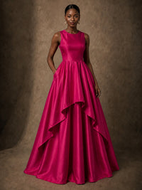 Hot Pink Satin Layered High-Low Ball Gown with Pockets
