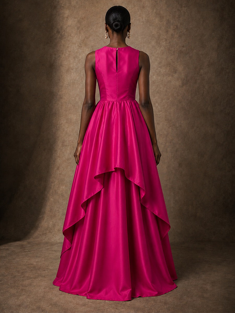 Hot Pink Satin Layered High-Low Ball Gown with Pockets