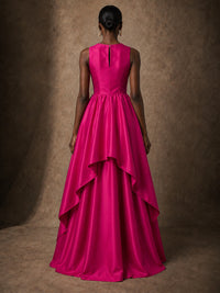 Hot Pink Satin Layered High-Low Ball Gown with Pockets