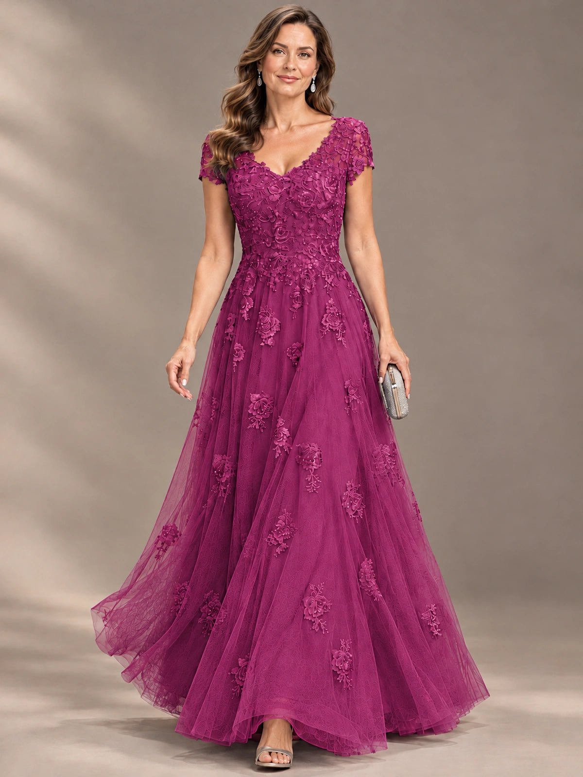 Lace Appliques A-line Mother of The Bride Dresses with Short Sleeves