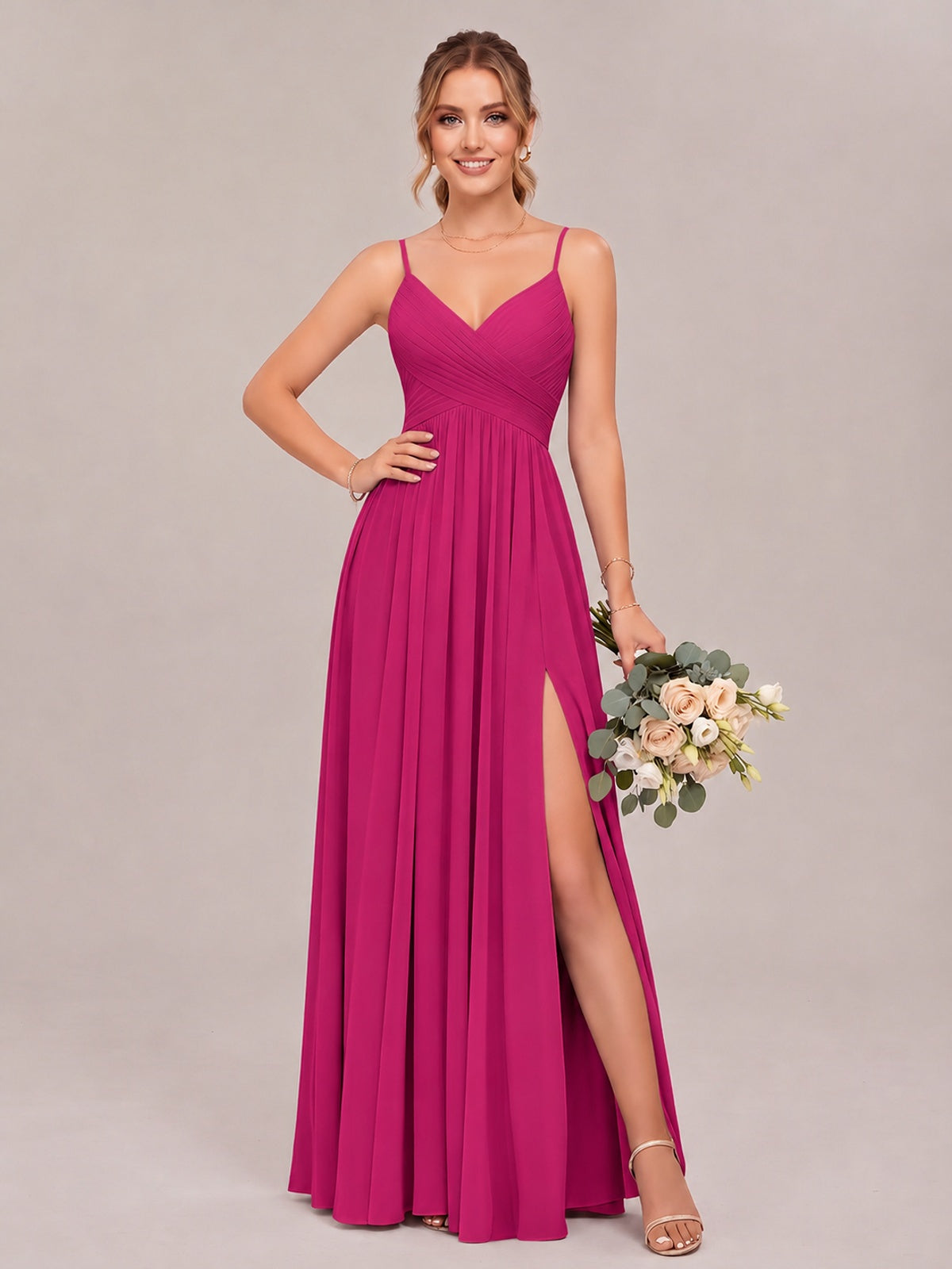 Fuchsia Spaghetti Straps Pleated Chiffon Bridesmaid Dress with Slit V-Neck A-line Long Formal Evening Wedding Guest Gown