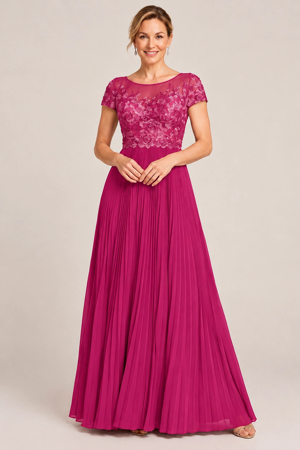 Embroidered Lace Pleated Mother of the Bride Dress