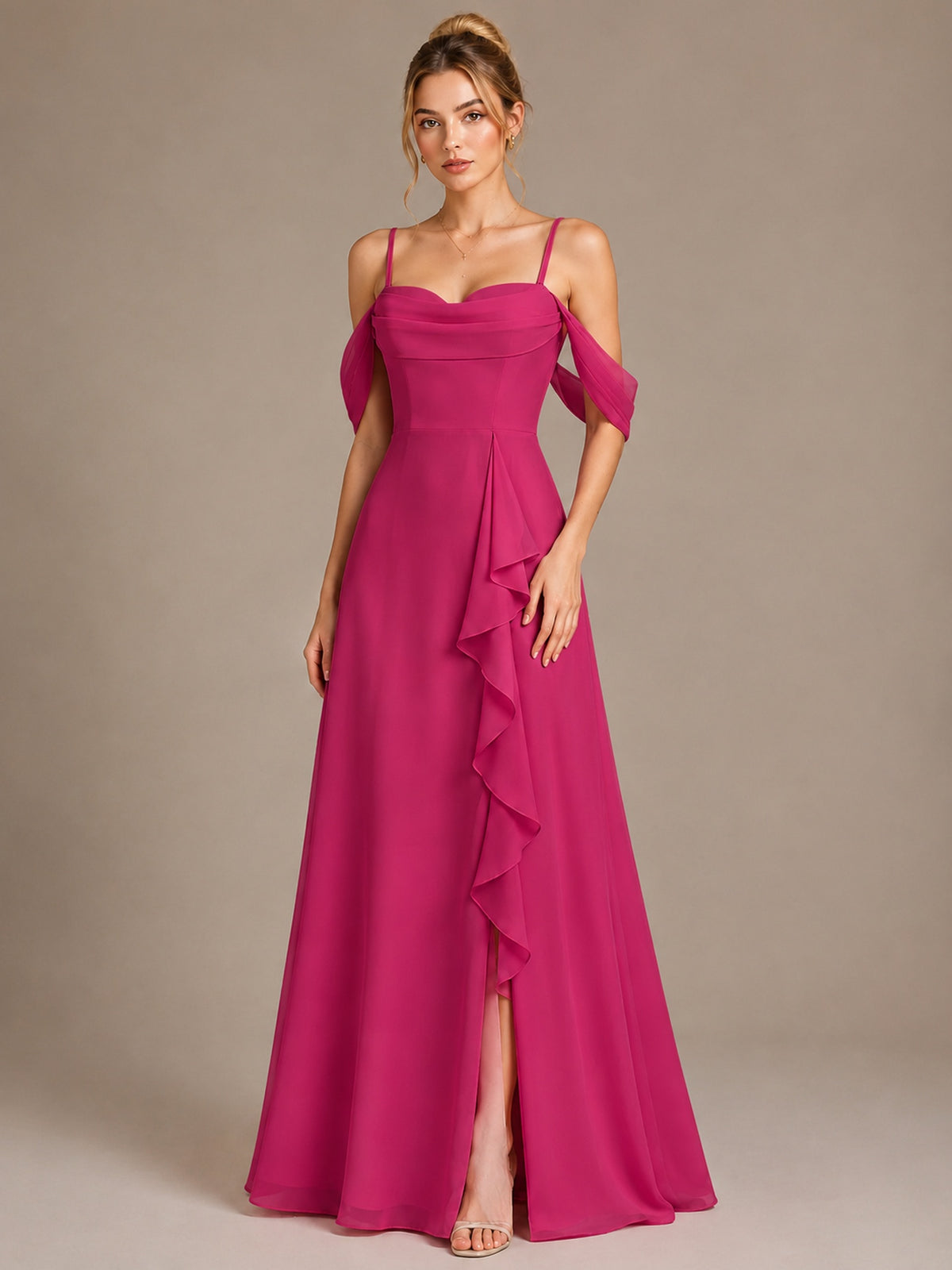 Spaghetti Strap Chiffon Bridesmaid Dress with Ruffles Slit
